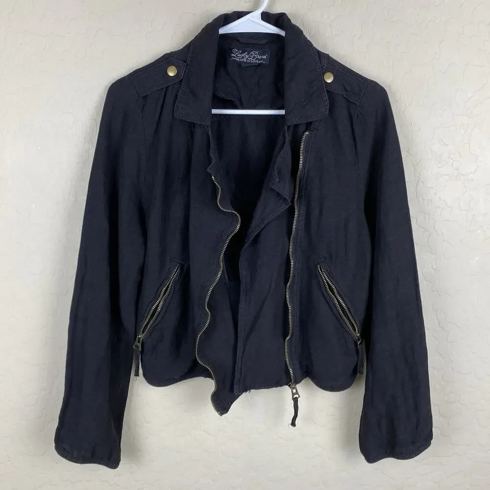 Lucky Brand Womens Linen Blend Moto Biker Jacket Black Sz S Grunge Streetwear - Picture 2 of 11